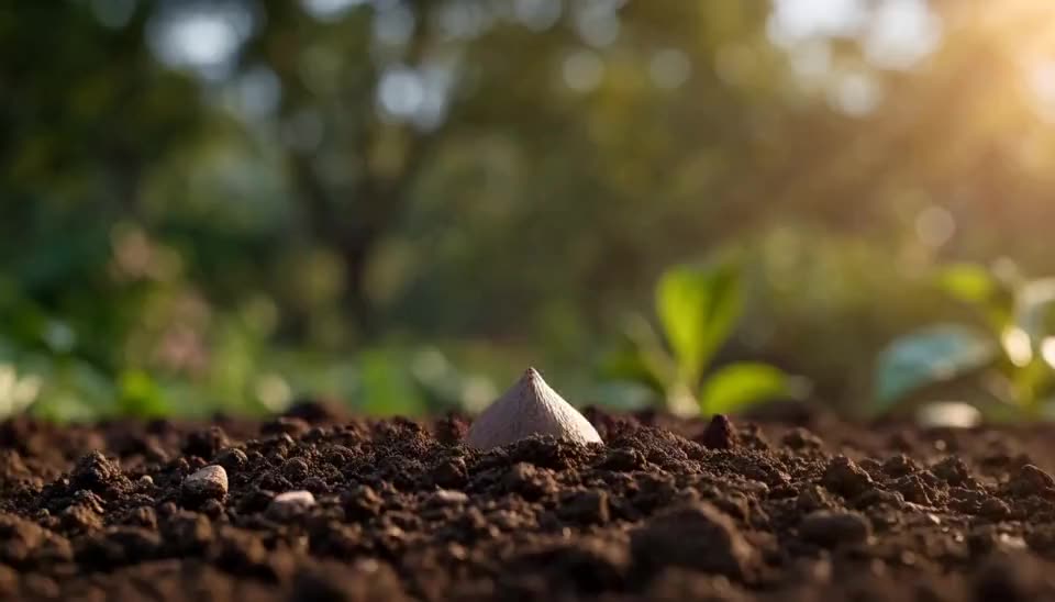 Time-lapse of a green sprout breaking through the soil, morning sunlight, macro shot